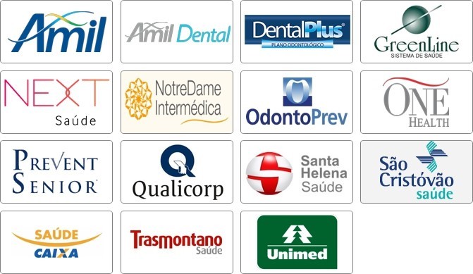 Amil Dental, Amil, Caixa Seguros, Dental Plus, Greenline, Next Saude, Notredame Intermedica, Odontoprev, One Health, Prevent Senior, Prevident, Qualicorp  Santa Helena, São Cristóvão Saúde, Trasmontano, Unimed
